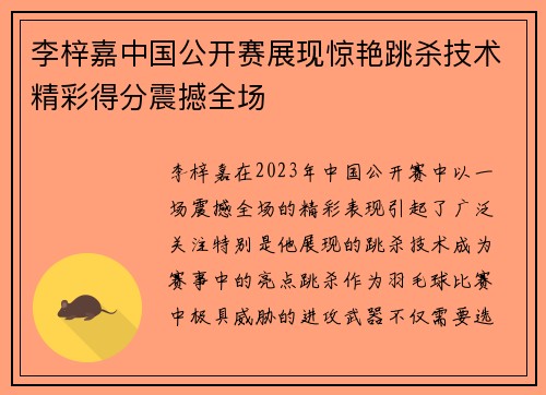 李梓嘉中国公开赛展现惊艳跳杀技术精彩得分震撼全场