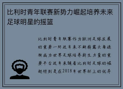 比利时青年联赛新势力崛起培养未来足球明星的摇篮 比利时青年联赛新势力崛起培养未来足球明星的摇篮